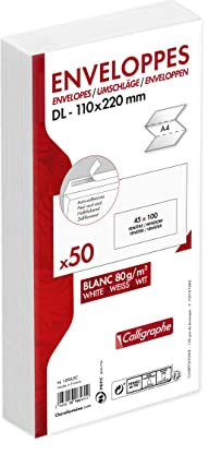 Clairefontaine 10965C - Packung mit 50 Umschlägen Calligraphe DL-110x220mm, selbstklebend, 80g, mit Sichtfenster 45x100 (20/20), Weiß, 1 Pack