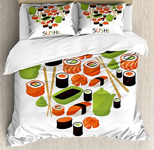 ABAKUHAUS Sushi Bettbezugs Set Für Doppelbetten, Teekanne Rolls Sauce Herz-Formular, Weicher Microfaserstoff Allegigeignet kein Verblassen, 230 x 220 cm, Orange Mehrfarbig