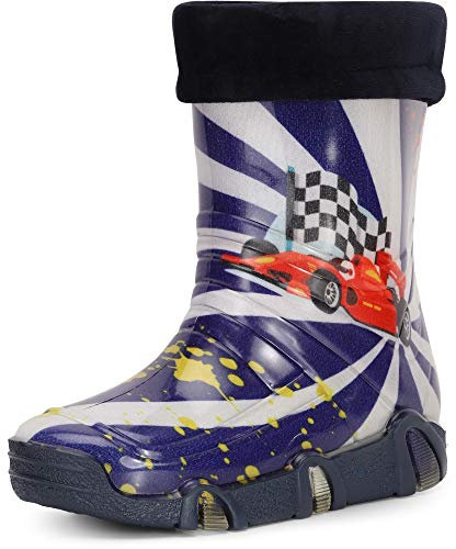 Ladeheid Kinder Mädchen Jungen Gummistiefel Gefüttert Swk36 (Dunkelblau Auto 36, 27/28 EU)