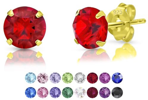 DTPsilver - Boucles d'oreilles/Clous en Argent Fin 925 Plaqué Or Jaune et Cristaux de Swarovski® Elements Ronds - Diamètre: 6 mm - Couleur: Rouge Siam