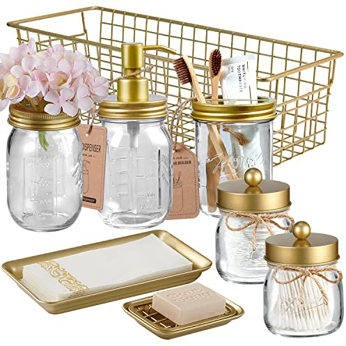 Mason Jar Bathroom Accessories Set 8 Pcs - Lotion Soap Dispenser,Toothbrush Holder,2 Apothecary Jars, Flower Vase,Soap Dish,Vanity Tray,Toilet Paper Holder Storage Bin,Farmhouse Decor (Gold)