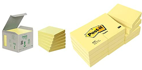Post-it Recycling Notes Kanariengelb, 6 Blöcken & Notizen Kanariengelb, Packung mit 12 Blöcken, 100 Blatt pro Block, 51 mm x 38 mm, Farbe: Gelb - Selbstklebende Notizzettel zum Notieren