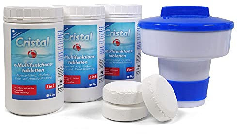 Cristal Multitabs E-Chlor 200g - 3 kg Poolpflege-Set inkl. Dosierschwimmer - 5 in 1 Langzeit-Chlortabletten für kristallklares Wasser - Für Pools ab 25 m³