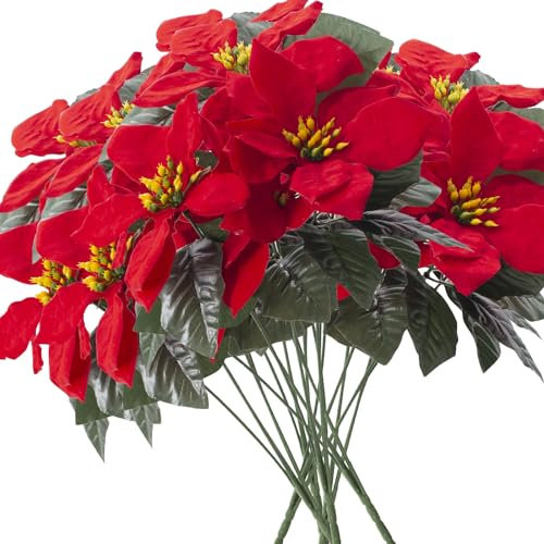MELAJIA 6 Pack Poinsettias Artificial Christmas Flowers Red 5 Heads Velvet Poinsettia Floral Bouquet Winter Holiday Indoor Outdoor Xmas Tree Ornament Porch Home Garden Decoration