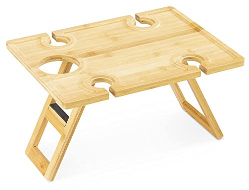 Navaris Portable Wine Picnic Table - Foldable Table with Bottle and Glass Holder - Small Bamboo Outdoor Beach Tray for Adults - Holds 4 Wine Glasses