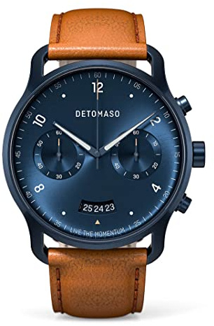 DeTomaso SORPASSO Chronograph Dark Blue Herren-Armbanduhr Analog Quarz Lederarmband Braun