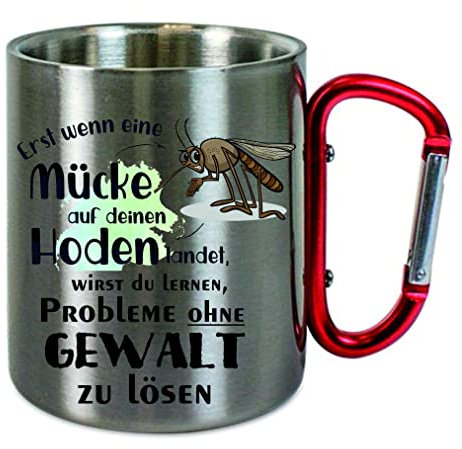 CreaLuxe Edelstahltasse mit Karabiner 'Erst wenn eine Mücke auf deinen Hoden...' Tasse bedruckt, Kaffeetasse, Bürotasse, Metalltasse mit Name