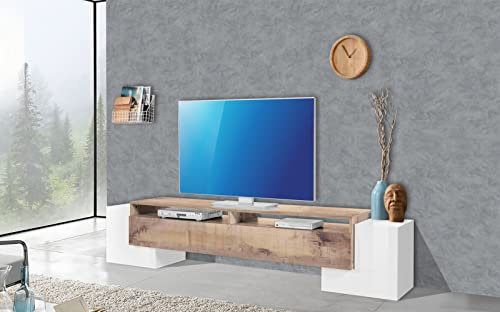 möbelando TV-Lowboard HiFi Rack Wohnzimmer Schrank Unterschrank Fernsehtisch Pinerolo IV Weiß Hochglanz/Ahorn