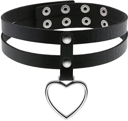 JewelryWe Schmuck Damen Choker Halsband Leder Halskette Gothic Punk Herz Zweischichtig Collier Kette mit Herz Anhänger verstellbare Kragen Halsketten für Frauen Mädchen Schwarz
