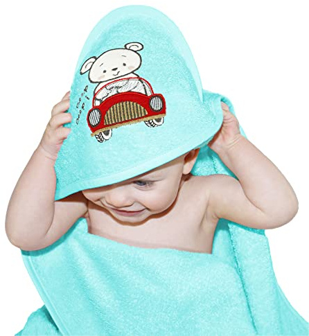 Lashuma Jungen Kinderhandtuch mit Kapuze 75x75 cm, Babyhandtuch Bestickt, Strandhandtuch blau Motiv: Auto