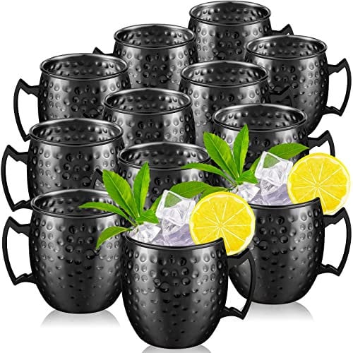 Lot de 12 tasses Moscow Mule de 538,6 g, tasses martelées avec doublure en acier inoxydable 304, tasses en cuivre plaqué cuivre pour café, vin, 9,1 cm de diamètre (noir)
