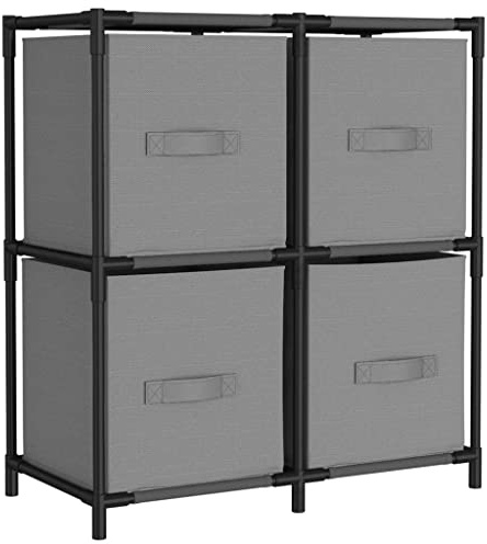 vidaXL Grey Storage Cabinet with 4 Fabric Baskets - Lightweight and Sturdy - Steel Structure - Easy Assembly - Suitable for Living Room, Bedroom and Office