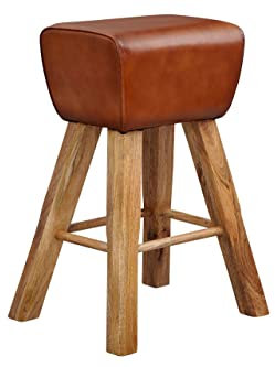 tinkaro Barhocker eckig AKUA Mango Massivholz/Echtleder Turnbock Braun