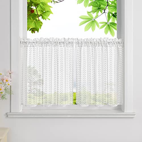 HeichkelL Scheibengardinen 2 Teilig Kurzstores mit Kräuselband Landhausstil Halbtransparente Bistrogardinen Kleinfenster Gardinen Weiß Jedes Stück HxB 45x120cm