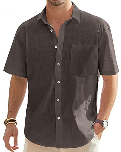 J.VER Mens Short Sleeve Linen Shirts Regualr Fit Summer Casual Lightweight Cotton Beach Button Down Shirt with Pocket Coffee XL