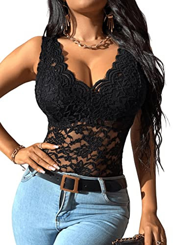 GORGLITTER Tank Top Mit Spitze Damen Spitzentop Mesh Oberteil Sommer Top Mit V Ausschnitt Sexy Netzstoff Shirt Schwarz S