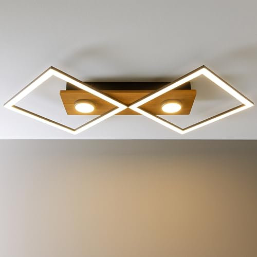 Lightbox 2 flammige Deckenlampe - dimmbare LED Deckenleuchte - Helligkeit: 3-step-dim (max. 3100 lm) - Lichtfarbe: 3000 K - 71 x 35cm - aus Kiefernholz/Metall/Kunststoff in Schwarz/Braun