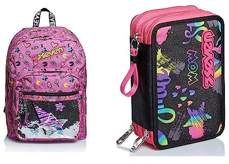Seven Zaino Outsize Starry Rainbow, Zaino Unisex - Rosa (rosa), Taglia unica & Iridescent, Astuccio 3 Scomparti, Astuccio Scuola 3 ZIP, Completo di Matite, Penne Unisex - Nero, Taglia Unica