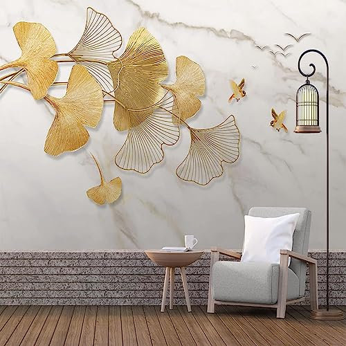 Papier Peint Panoramique de Feuille De Ginkgo Dorée Peinte à La Main, Motif De Marbre D'oiseau Volant Déco de La Maison - Pour Salon Chambre D'enfant Décoration Murale 150 x 70 cm