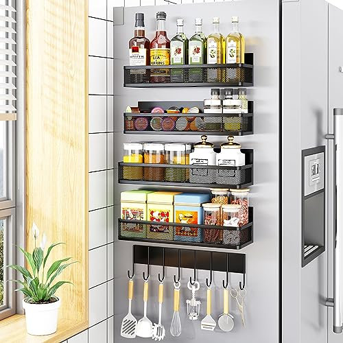 Aufworld Estante Magnético para Especias, 5 Estantes Magnéticos, Organizador Magnético Móvil para Nevera con 8 Ganchos, Organizador de Condimentos para Organización y Almacenaje en la Cocina