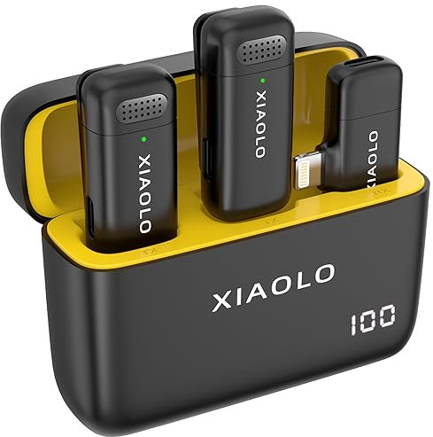 XIAOLO Wireless Lavalier Microphone for iPhone with Charging Case 10H,Noise Cancelling Lapel Mic for Clear Audio Recording Vlog,YouTube,Interview,3 Mode Denoise (IOS Port, Yellow)