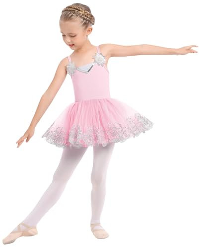 Odizli Vestido de ballet para niñas y niños, espaguetis con cuello en V, lentejuelas, flores, vestido de ballet, Rosa., 7-8 Años