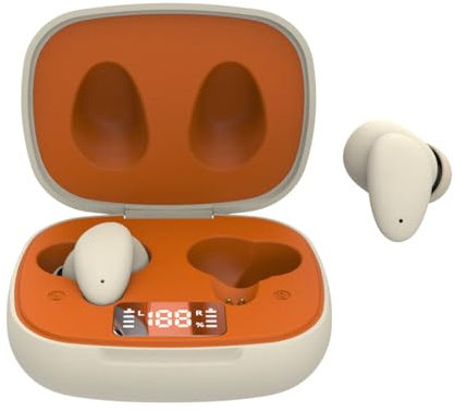 Clan N1 - Active Noise-Canceling Wireless Earbuds for Music & Calls, Bluetooth Earphones While Commuting with Hybrid ANC, Cute Bluetooth Headphones with Built-in Controls, Orange & Beige