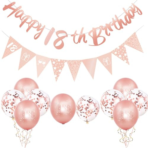 ATBEAMEN 12Pcs Rose Gold-Black Gold-Navy Blue 18th Birthday Decorations Set for Her, Triangle Flag Banner, Confetti Balloons, Balloons (Rose Gold, Black, Navy Blue)