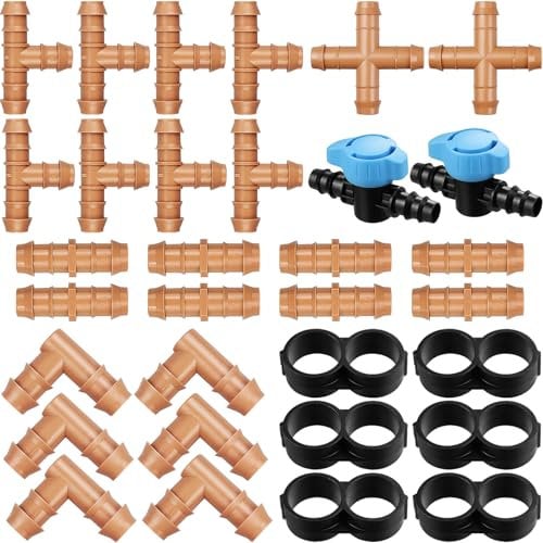 Kepmix 32 Pieces Drip Irrigation Fittings Kit: 1/2 Inch Drip Irrigation Tubing Set Includes 8 Couplings 8 Tees 6 Elbows 6 Plugs 2 Crosses 2 Valves for Sprinkler Systems