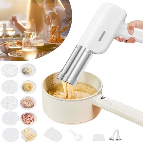 Machine a Pates Fraiche, Electrique Machine à Pâtes avec 5 Moules à Nouilles,Rechargeable 1500mAh Machine à Pâtes Électrique, Portable Machine À Nouilles Automatique pour Fraîches Noodles Spaghetti