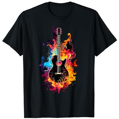 Akustische Gitarre Band Rock Design Bunte Flammen und Rauch T-Shirt