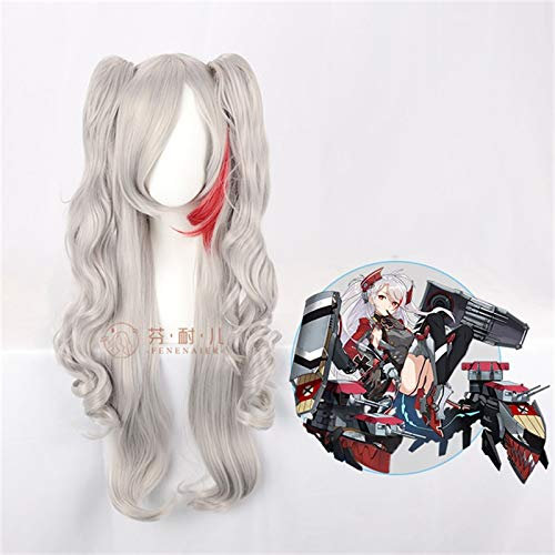 HBYLEE- Anime Coser Wig Spiel Azur Lane Prinz Eugen Perücke Cosplay Kostüm Silber Grau Verlauf Lang Curly Doppelschwanz Schwanz Pelucas[Farbe:Grau]