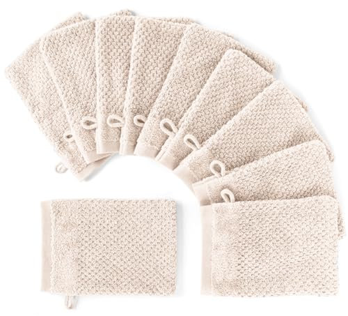 Pure Label 10-TLG. Waschhandschuh Waschlappen Set mit Anhängeschlaufe aus 100% Baumwolle, saugstark, weich und Oeko-TEX Zertifiziert - 10 Waschlappen aus Baumwolle 16x21cm, Creme