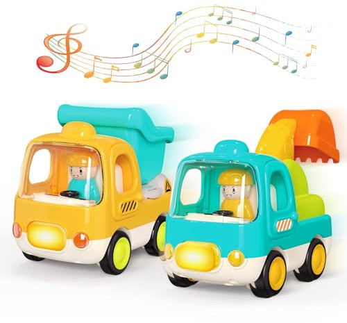 MOONTOY Baby Spielzeugautos ab 1 Jahr, Push and Go Baufahrzeuge für 1 2 3 4 Jahr Jungen Mädchen, Inklusive Bagger und Kipper mit Musik und Lichtern,Spielzeug Autos Geschenke für Kinder 1 Jahr