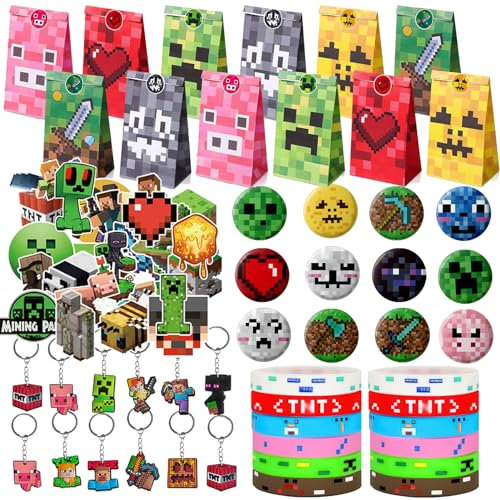 Yisound123 98 piece party bag filler set Miner Gaming Party Bag Fillers, Gamer Party Favours Gaming Keychain Party Bags Button Pins Stickers Miner Party Supplies Goodie Bag Fillers for Kids Boys