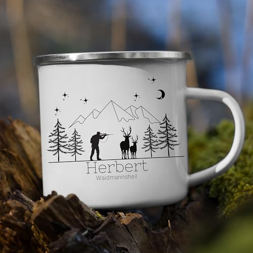 Jäger Tasse personalisiert mit Namen und Spruch Jagen Geschenk für Jäger lustig Emaille Tasse Jäger Geschenkidee für Jäger Emaille Tasse Keramik Tasse Accessoires Waidmannsheil (Emaille Tasse)