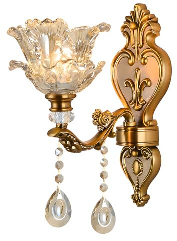 WayLuoung Lampe Murale Vintage Florale À 1 Tête En Verre De Cristal - Applique Murale Rétro Couleur Bronze Doré - Décoration En Métal Lampe De Chevet Salon Restaurant Escaliers (Base E14 Sans Ampoule)