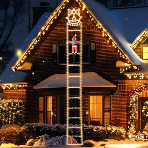 Christmas Light Decor with Santa Climbing Ladder Outdoor and Indoor Xmas Lights Decorations 3.3 m/130 inches Adjustable Lighting(7 Modes) Rainproof Snow Protection (Warm)