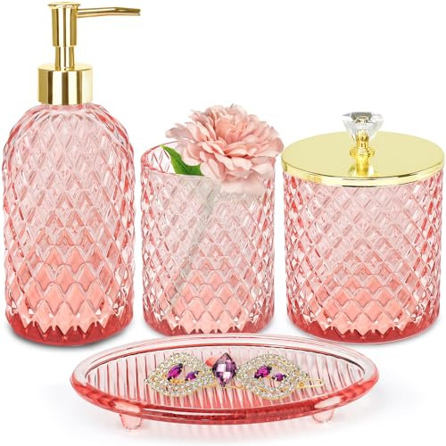 Haturi Pink Bathroom Accessories Set, 4 Pcs Glass Bathroom Accessory Set Complete w/Soap Dispenser, Toothbrush Holder, Qtip Holder, Vanity Tray, Gold Bathroom Set Decor, Gift for Girl Home Apartment