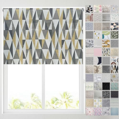 Barnes Blinds - Blackout Pattern Roller Blinds for Windows, Custom Cut to Size - Thermal Fabric Durable Fittings Easy Fit (Grey & Ochre Abstract Triangles 183cm)