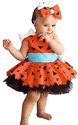 NaLatia Halloween Kostüm Mädchen Kostüm Kinder Flintstones Pebbles Kostüm Kleid Verkleidung mit Stirnband für Baby und Kleinkind Mädchen, Orange Grün