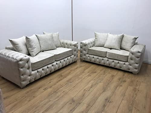 Luxuriöses, modernes Chesterfield-Ecksofa mit 5-Sitzer, Plüschsamt, für Wohnzimmer, Ashley, Polstersofa mit Streu-Rückenlehne, cremefarben