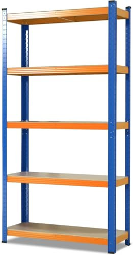KARAT Schwerlastregale für Garage, Keller, Werkstatt - Steckregal - Weitspannregal - Lagerregal - Kellerregal - Eckregal - Reifenregal - Gitterregal (Blau/Orange, 220 x 90 x 60 cm)