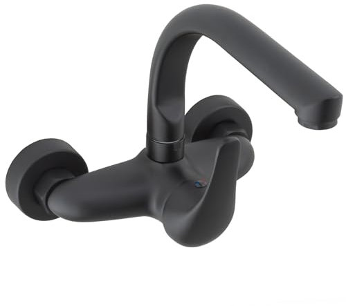 VALAZ Grifo Cocina Pared Negro Mate 15cm | Grifos de Cocina Fregadero Monomando, Ahorro de Agua, Alta Presión, Giratorio | Instalación Fácil y Rápida | Latón, Elegante, Acero Inoxidable, Redondo