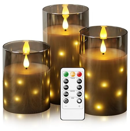 JINYANIA Glas Flammenlose LED Kerzen, Batteriebetriebene Stumpenkerzen mit eingebetteter Sternschnur-Lichterkette, Mit Fernbedienung und Timer, Home Dekoration, Echtes Wachs, 3er-Set(Grau)