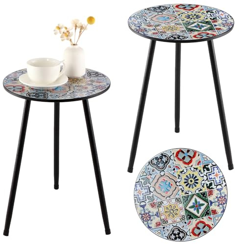 Runde Beistelltische aus Metall mit Mosaik, 34 cm, klein, für den Außenbereich, Terrasse, runder Akzent, Couchtische für den Innenbereich, Eckständer für kleine Räume, witterungsbeständig, für Balkon