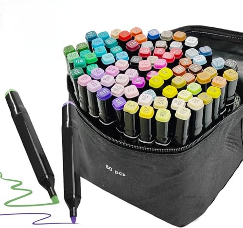 PLOFY Drawing Markers 80+3 Color Dual Tip Art Alcohol Markers Set for Adults - Permanent Felt Pens for Drawing, Sketching, Anime, Manga with Carrying Case & Storage Base