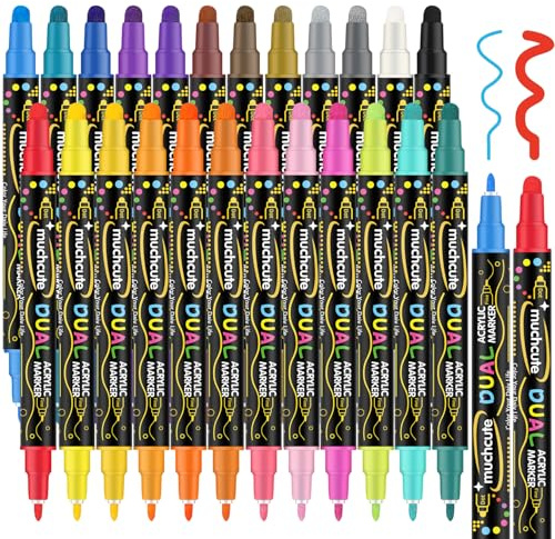 KOUSICOO Acrylstifte Steine Wasserfest, 24 Acrylmarker Doppelspitze (Feine Spitze 1mm + Punkt 5mm) Steine Zum Bemalen Acrylic Paint Marker Set Stifte FüR Halloween Holz Textil Leinwand Glas Papier