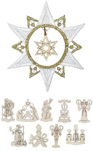 Baumbehang Stern 14 cm, 6 Stück, Spitze gepaart mit echter erzgebirgischer Holzkunst (Motiv: Kurrende)