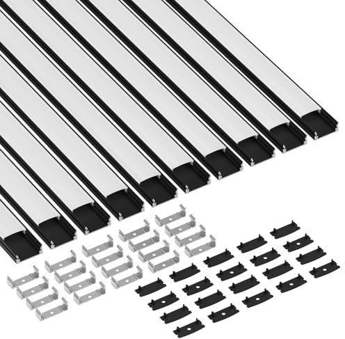 CUQI Schwarz LED Profil, 10 x 40CM Aluminiumprofil mit Milchiger PC Abdeckung, Endkappen und Montageklammer für LED Streifen (10 PACK)